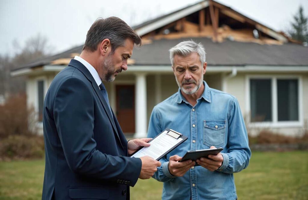 A couple reviews life insurance documents and a policy illustration at a kitchen table.